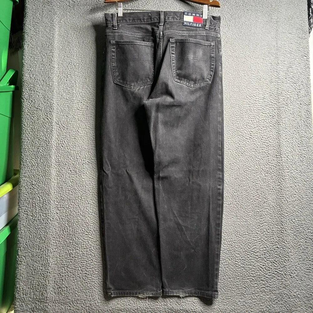 Vtg 90s Tommy Hilfiger Mens 34x29 Baggy Denim Jeans Black Whiskered Flag